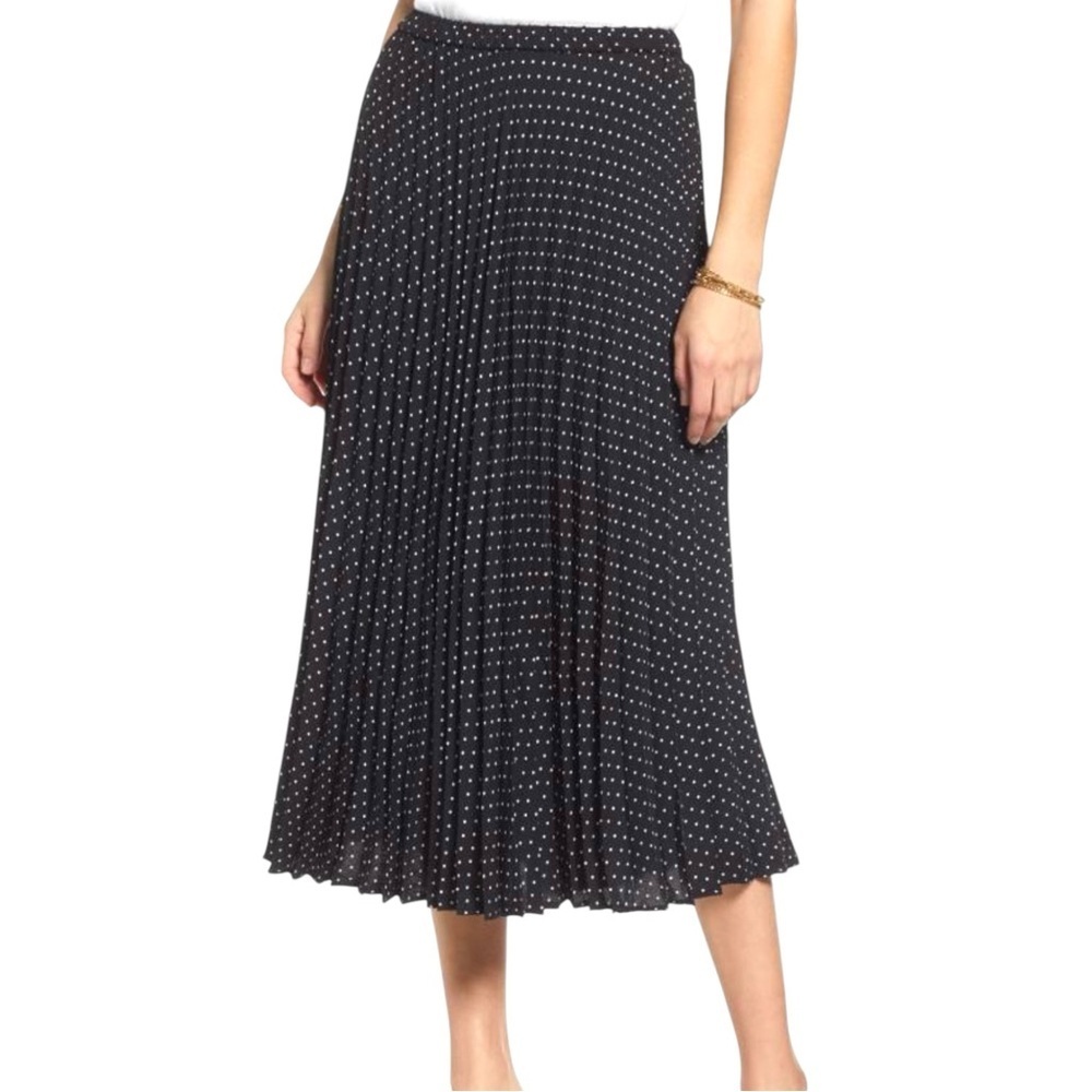 Loft Pleated A-Line Midi Skirt polka dot black and white size 6